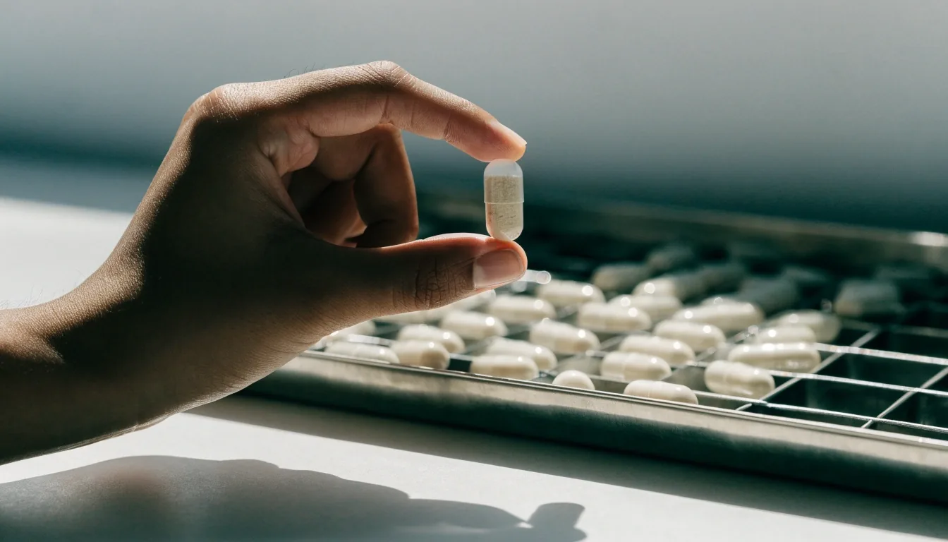Stainless gridded tray of two-piece capsules under a hard noon light bar, one capsule opened beside it