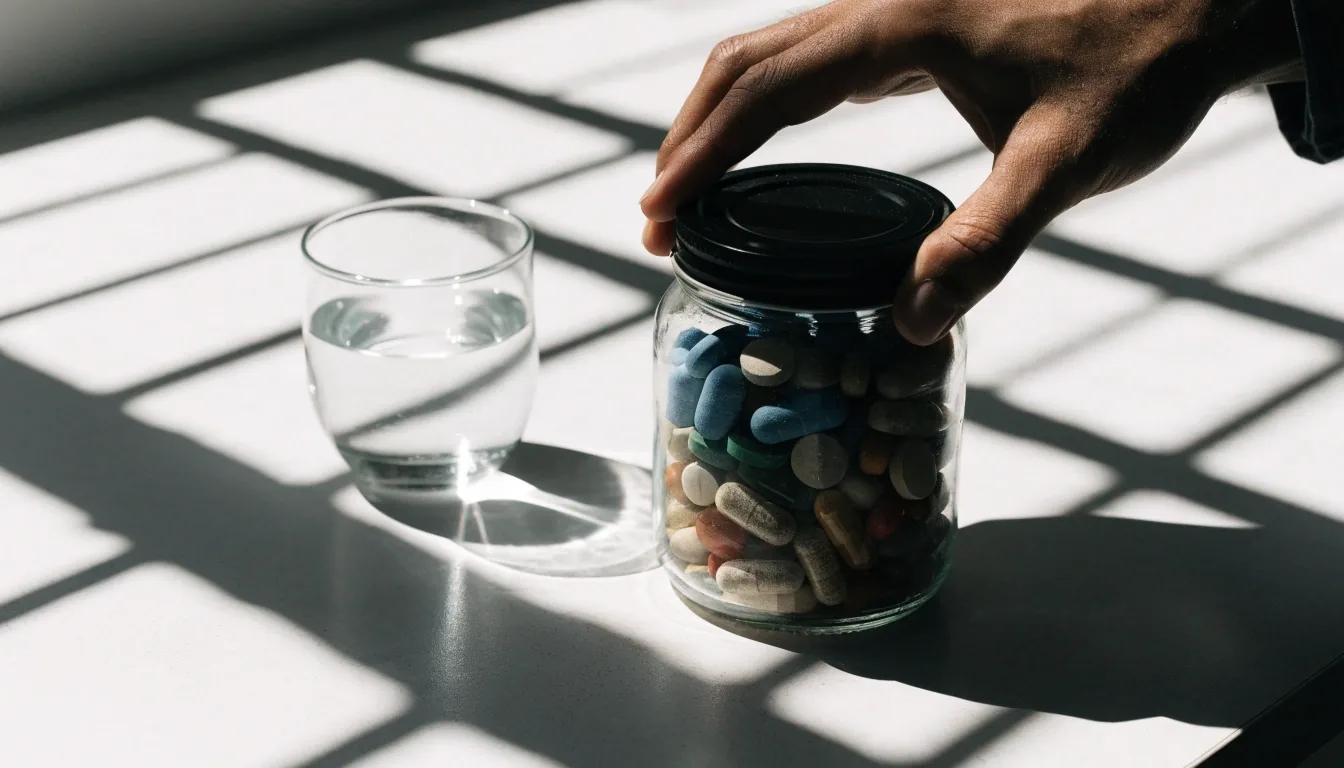 Mixed tablet and capsule formats arranged in rows on a white tabletop under hard noon light